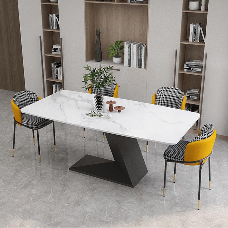 Stone Top Modern Dining Room Table Rectangle Dining Table with Black Pedestal Base