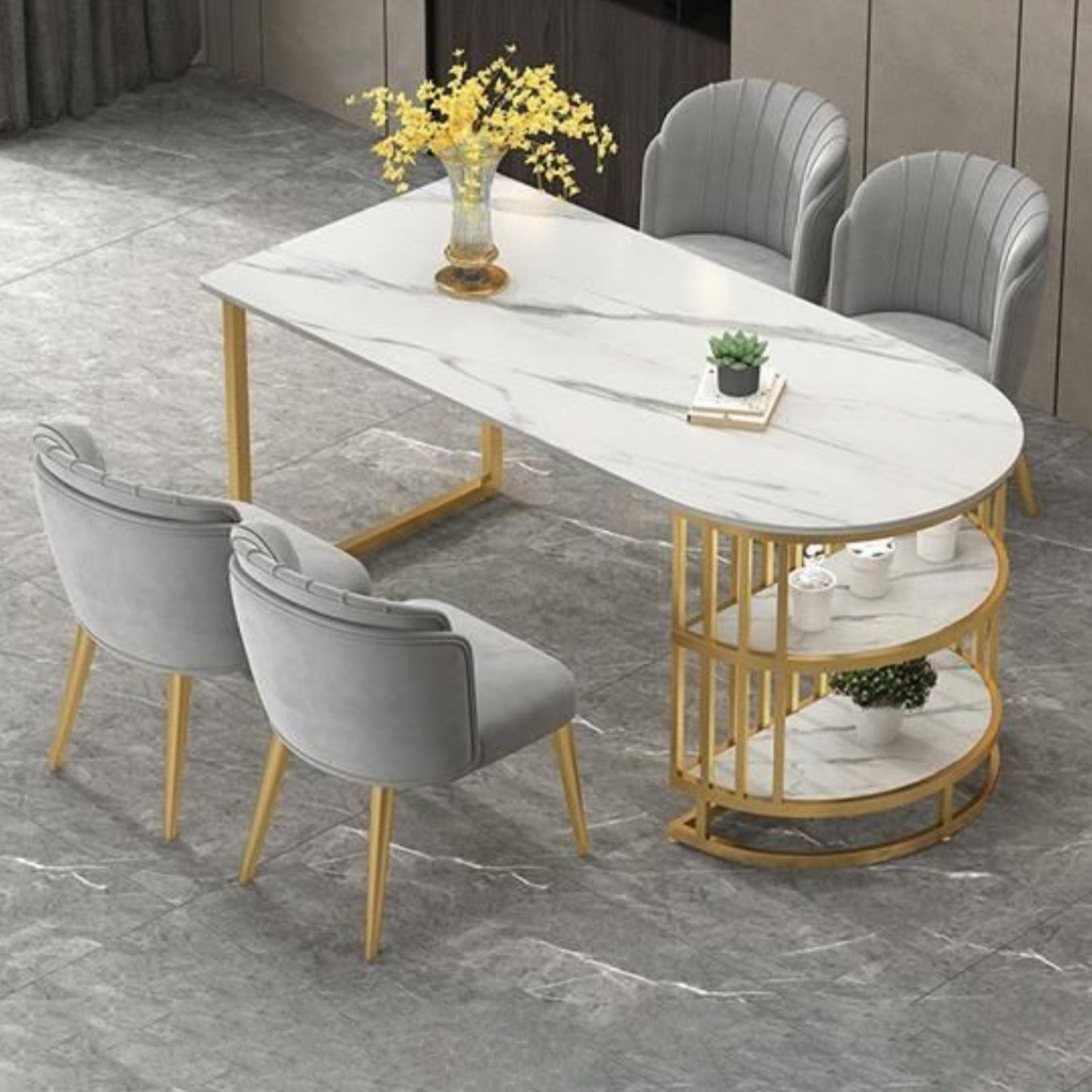 White Stone Top Dinner Room Kitchen Table Modern Metal Base Dinner Table