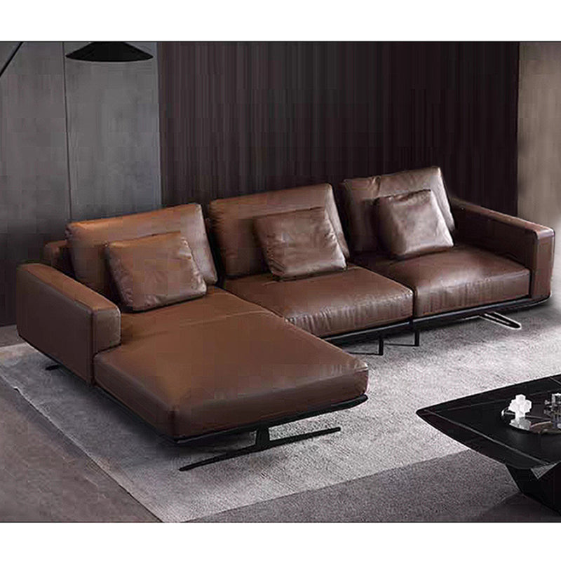 Square Arm Sofa and Chaise Genuine Leather Dark Brown Sectional for Living Room