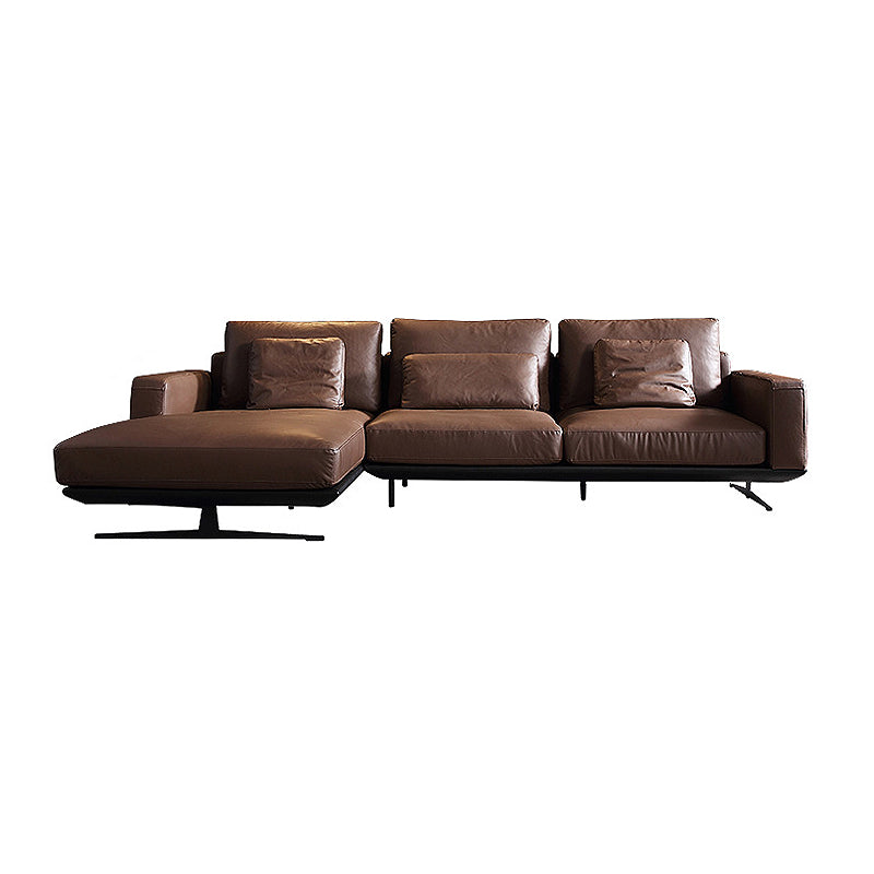 Square Arm Sofa and Chaise Genuine Leather Dark Brown Sectional for Living Room