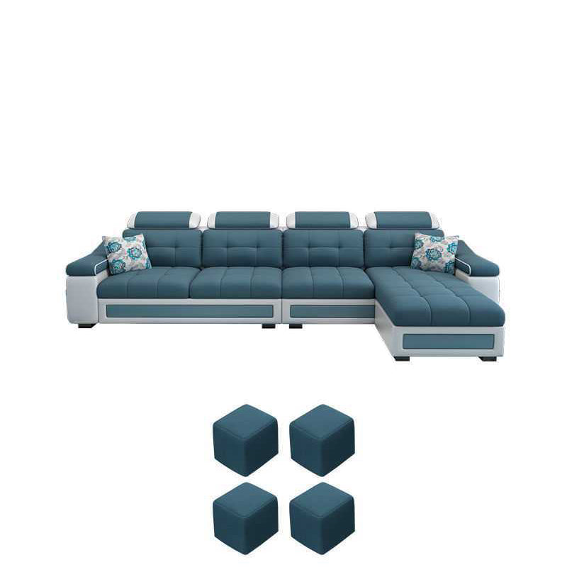 Divano moderno a forma di L e chaise destra di fronte a sezioni di miscela in pelle/lino