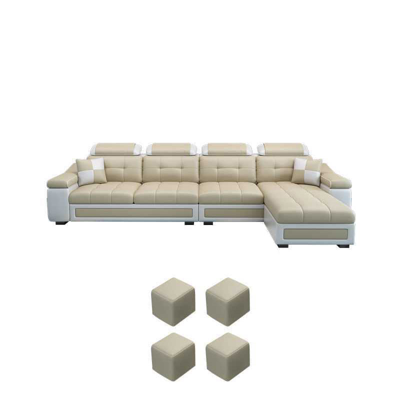 Divano moderno a forma di L e chaise destra di fronte a sezioni di miscela in pelle/lino