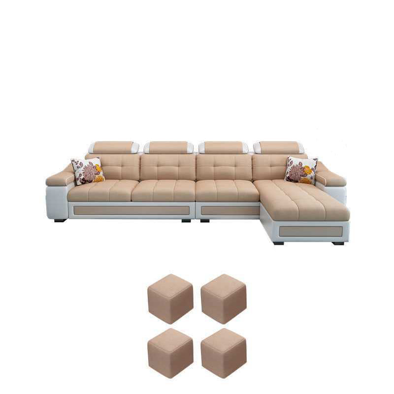 Divano moderno a forma di L e chaise destra di fronte a sezioni di miscela in pelle/lino