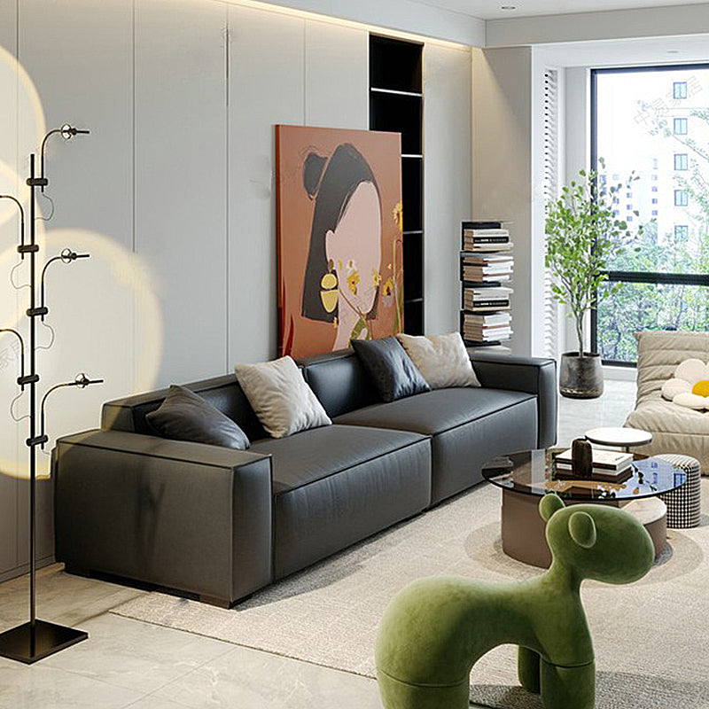 Sewn Pillow Back Settee Square Arm Sofa Couch in Black for Living Room