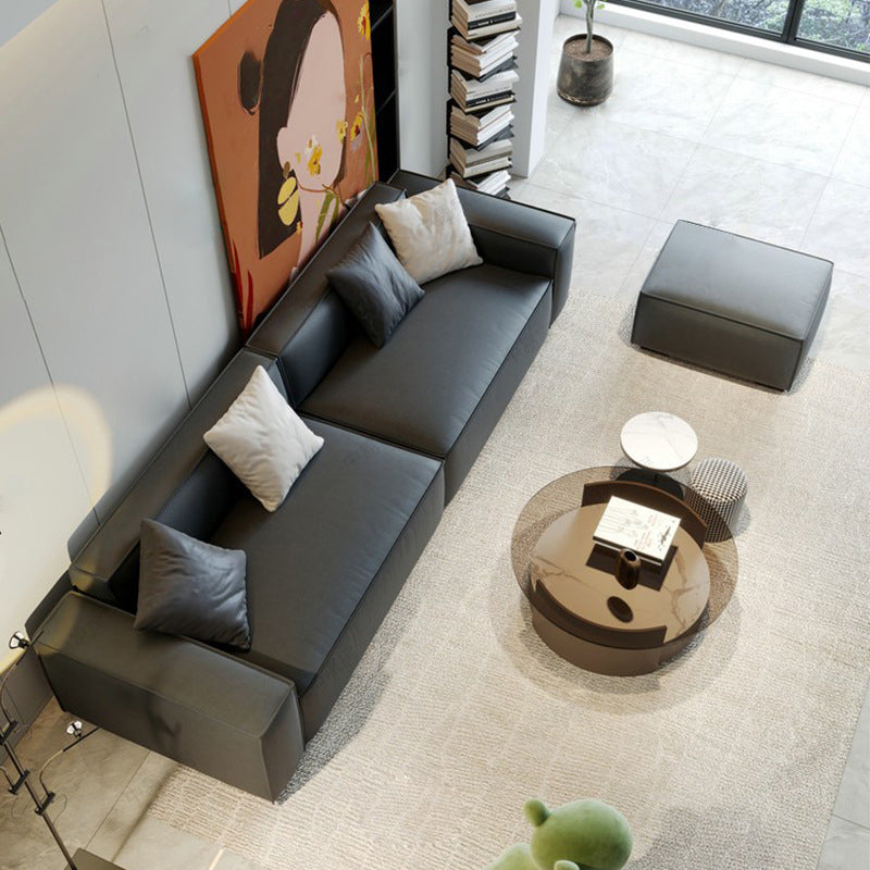 Sewn Pillow Back Settee Square Arm Sofa Couch in Black for Living Room