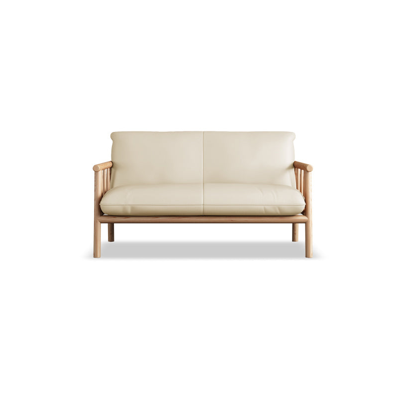 Stationary Leather Living Room Sofa Tuxedo Arm Settee in White/Brown