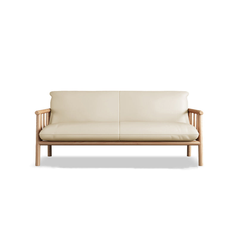 Stationary Leather Living Room Sofa Tuxedo Arm Settee in White/Brown