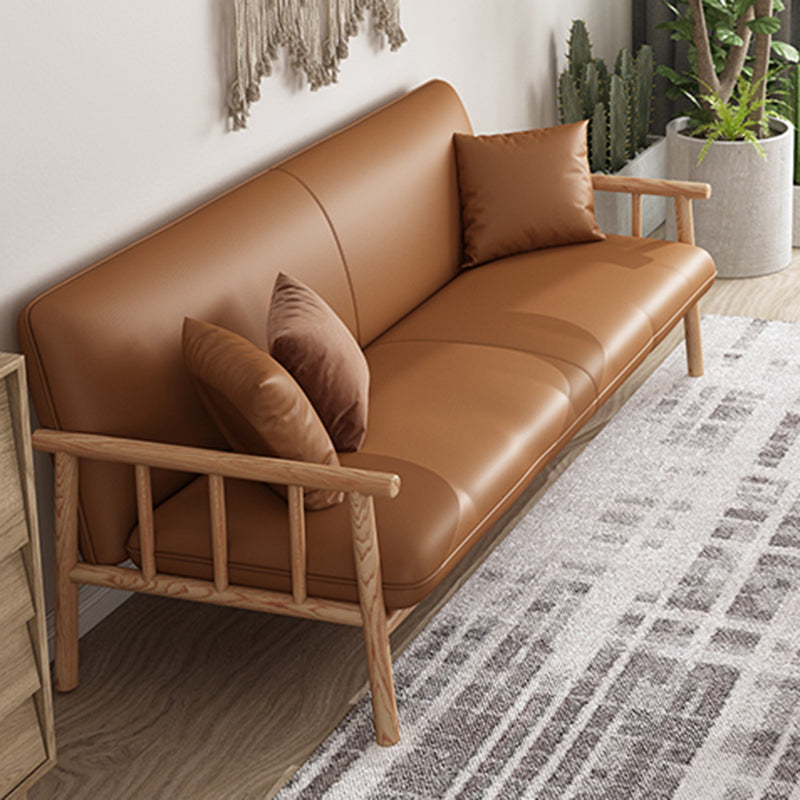 Stationary Leather Living Room Sofa Tuxedo Arm Settee in White/Brown