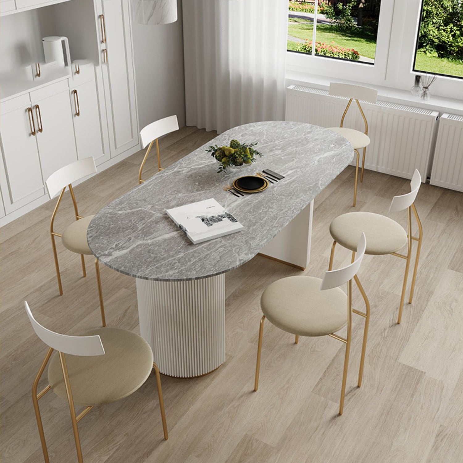 Table à manger ovale en pierre avec base blanche moderne pour salon