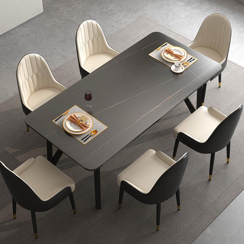 Industrial Rectangle Tripod Base Dining Table Black Frame Stone Top Dining Table