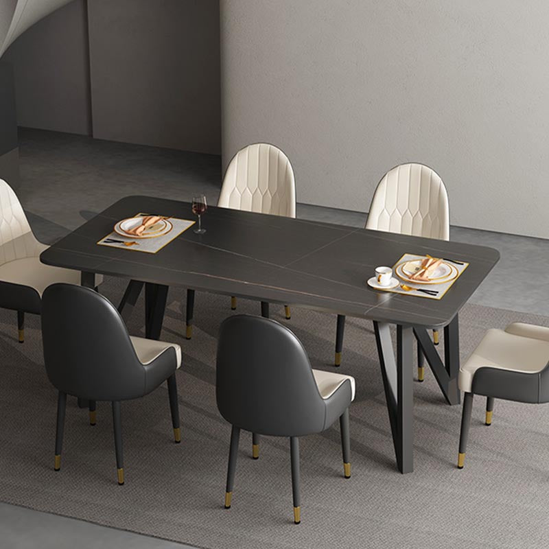Industrial Rectangle Tripod Base Dining Table Black Frame Stone Top Dining Table