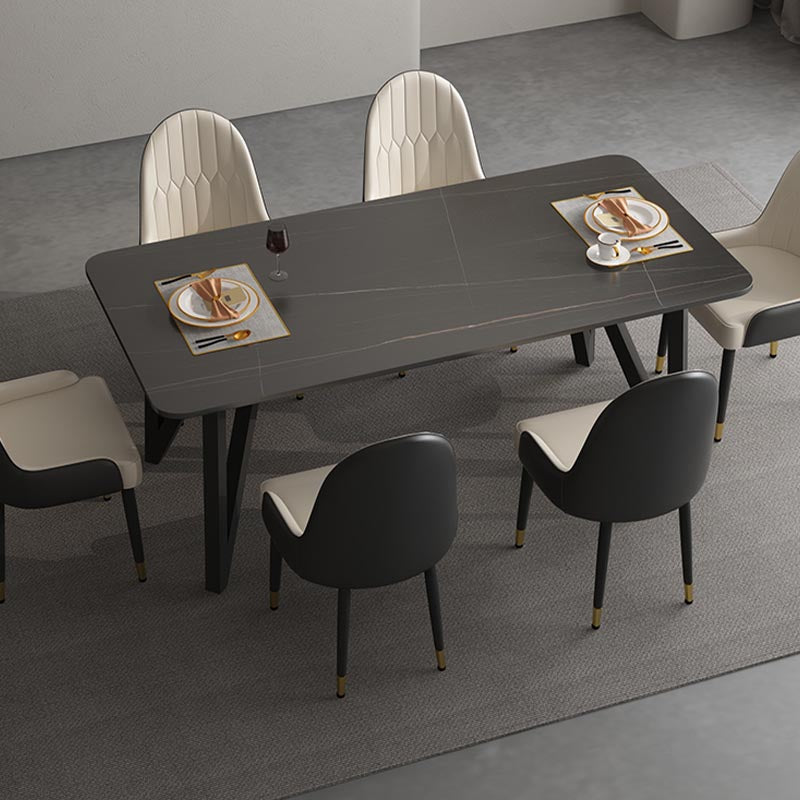 Industrial Rectangle Tripod Base Dining Table Black Frame Stone Top Dining Table
