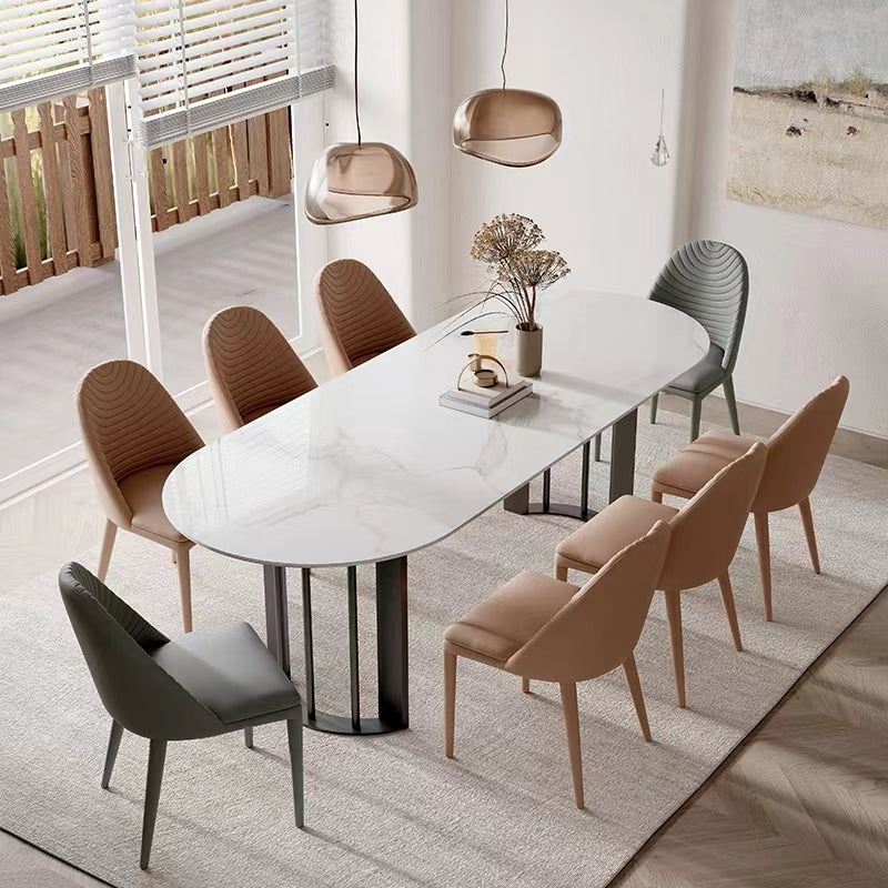 Modern White Stone Top Dinner Table Oval Metal Double Pedestal Dining Table