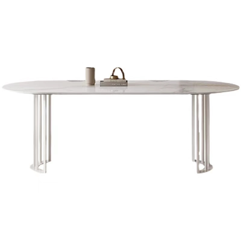 Modern White Stone Top Dinner Table Oval Metal Double Pedestal Dining Table