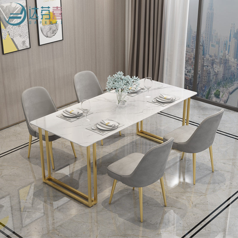 Glam Style Rectangle Stone Table for Restaurant Gold Sled Base Table