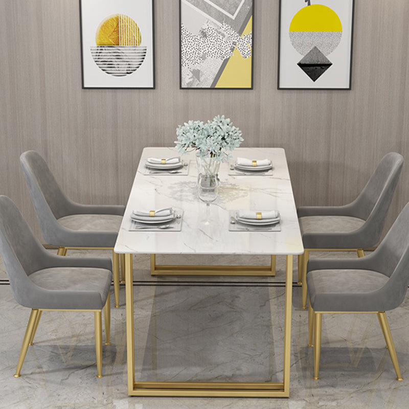 Glam Style Rectangle Stone Table for Restaurant Gold Sled Base Table
