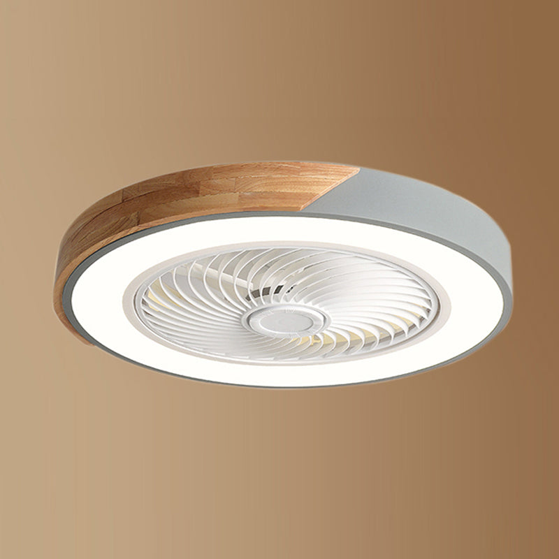Lámpara de ventilador LED redondeo de macaron con cuchillas invisibles dormitorio de madera sólida semi flush luz
