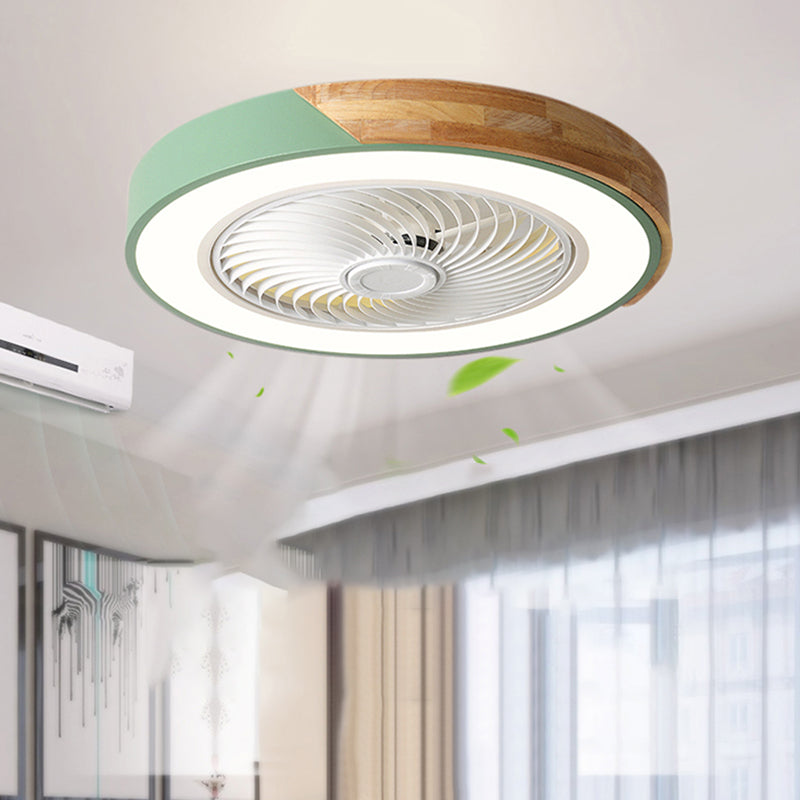 Lámpara de ventilador LED redondeo de macaron con cuchillas invisibles dormitorio de madera sólida semi flush luz
