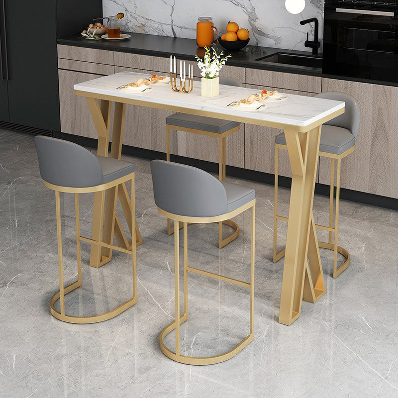 Glam Gold Steel Bar Dining Table with White Faux Marble Top Rectangle Indoor Bistro Table