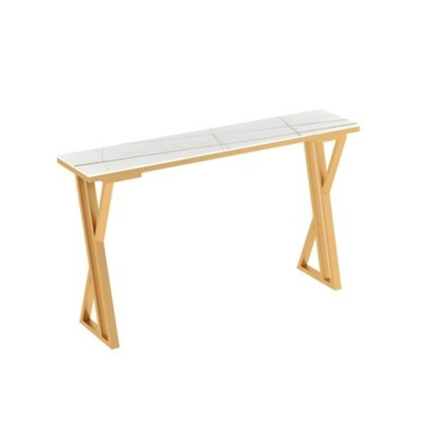 Glam Gold Steel Bar Dining Table with White Faux Marble Top Rectangle Indoor Bistro Table