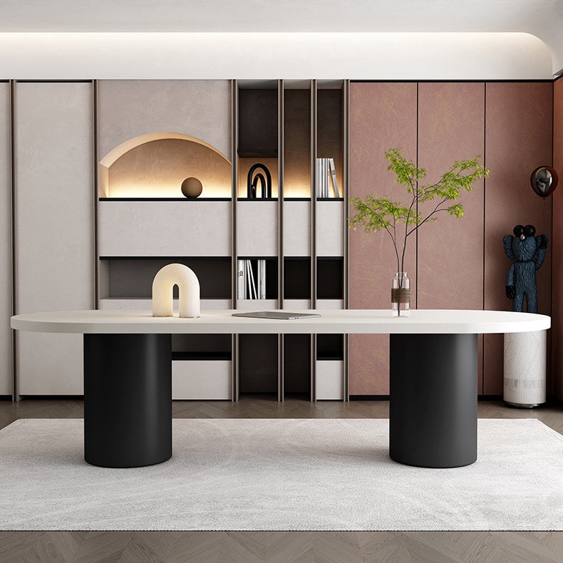 Modern Wood Top Oval Dinette Table Wood Two Base Dining Table