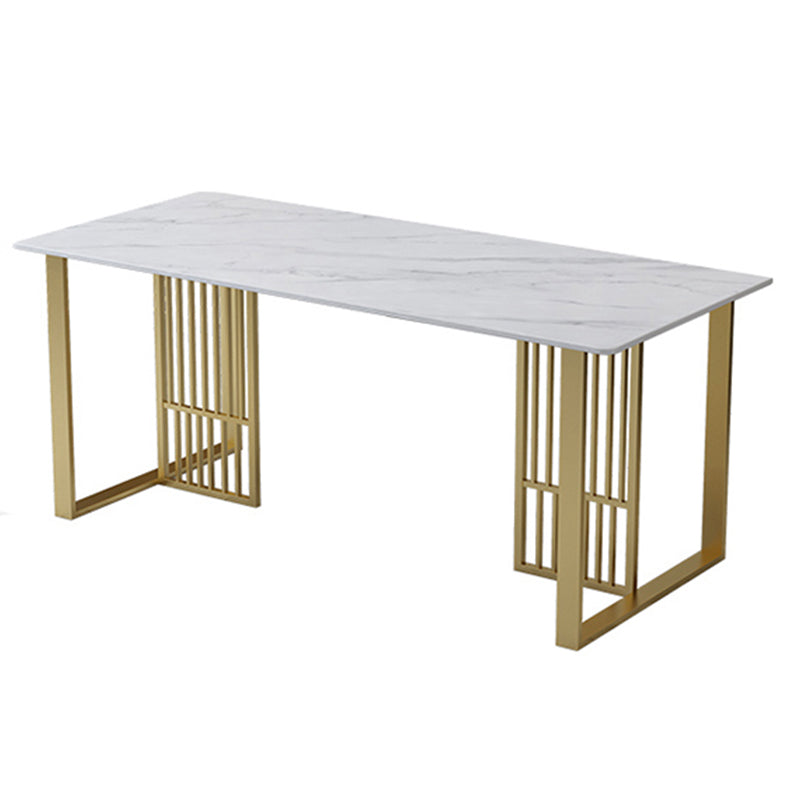 Glam Stone Dining Table Rectangle Iron Table with Golden Double Pedestal Table