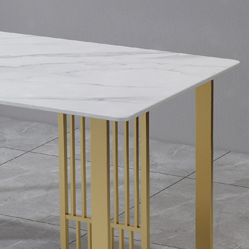 Glam Stone Dining Table Rectangle Iron Table with Golden Double Pedestal Table