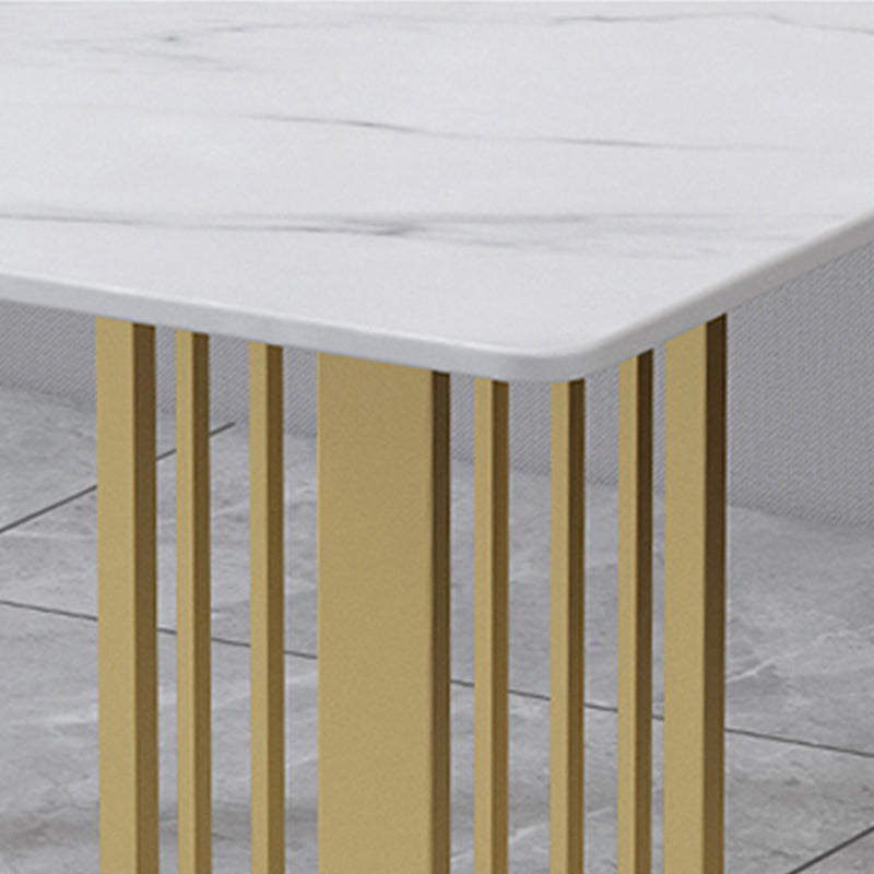 Glam Stone Dining Table Rectangle Iron Table with Golden Double Pedestal Table