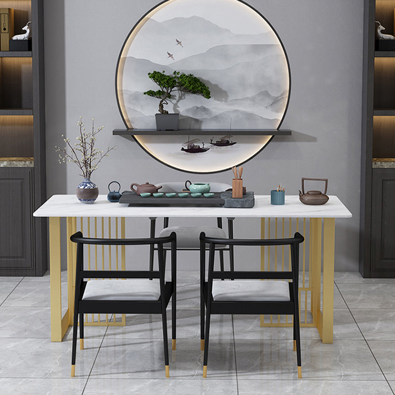 Glam Stone Dining Table Rectangle Iron Table with Golden Double Pedestal Table