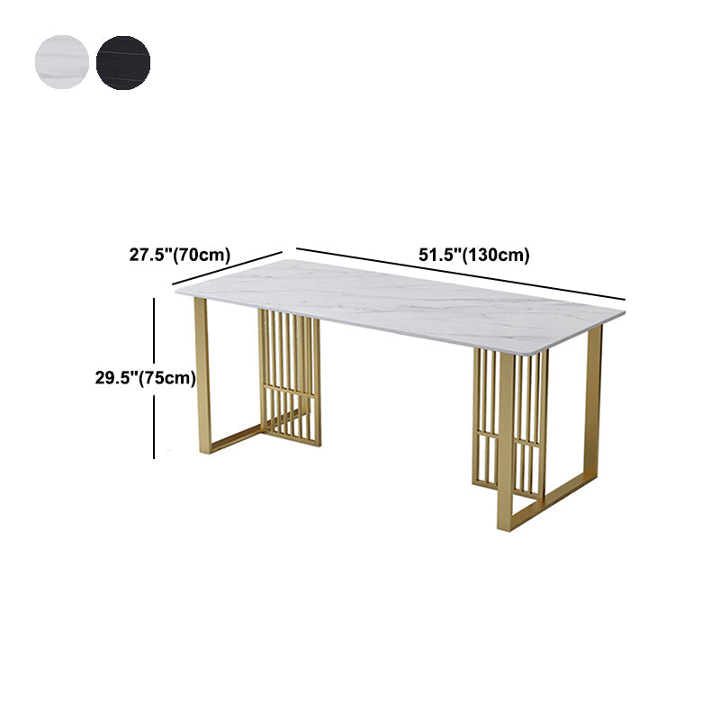 Glam Stone Dining Table Rectangle Iron Table with Golden Double Pedestal Table