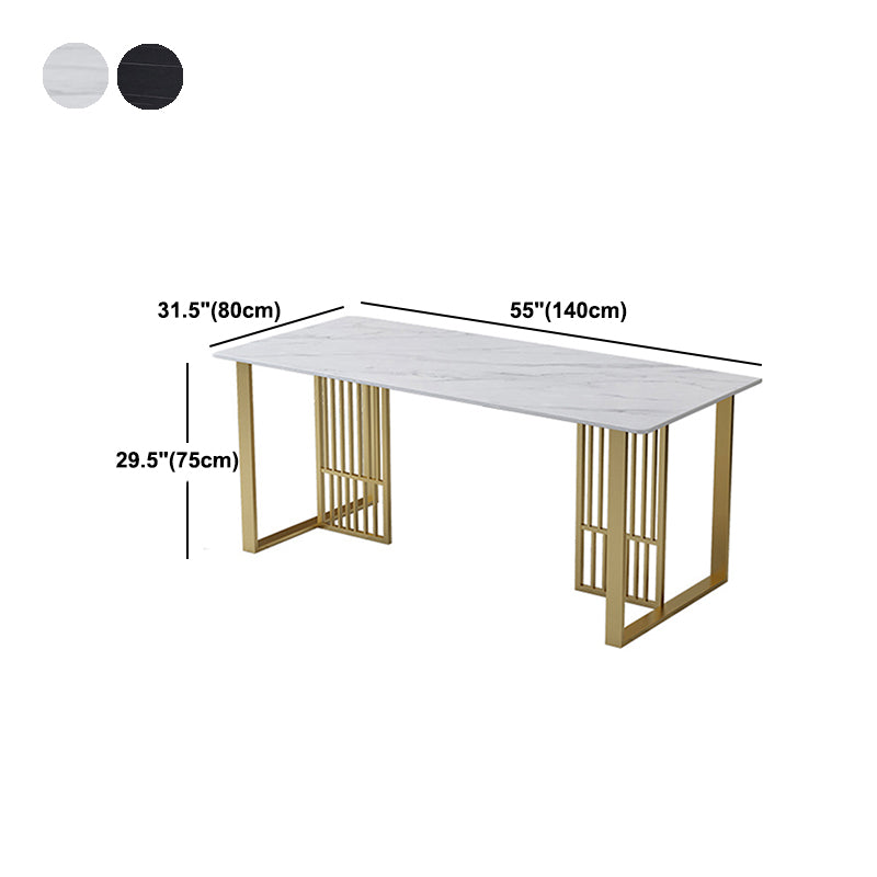 Glam Stone Dining Table Rectangle Iron Table with Golden Double Pedestal Table