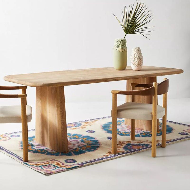 Contemporary Dining Table Natural Solid Wood Dining Table with Double Pedestal