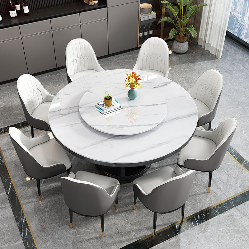 Table à manger ronde en pierre blanc-gris, meuble nordique à plateau tournant avec socle