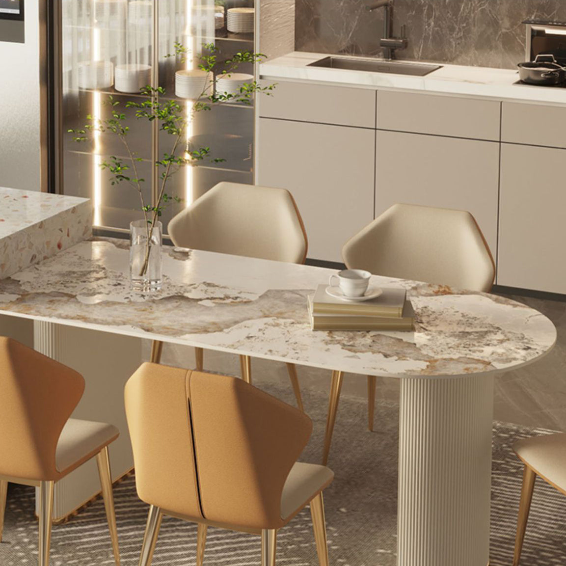 Stone Top Dining Table Contemporary Dining Table with Sled Base