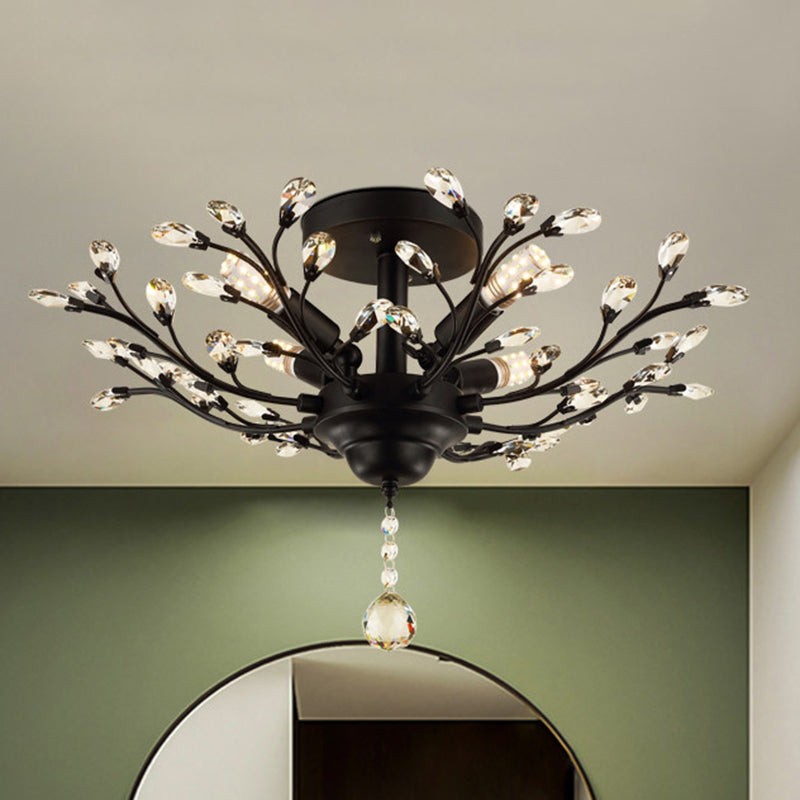 Contemporary Leaf Flush Light Crystal Flush Mount Ceiling Fixture in Black