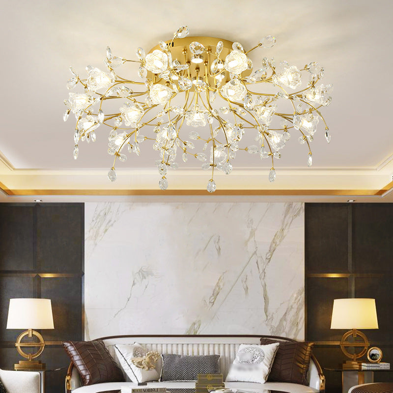 Contemporary Flower-Shaped Flush Light Crystal Flush Mount Ceiling Fixture in Gold