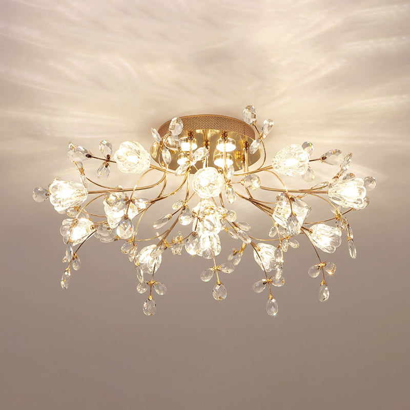 Contemporary Flower-Shaped Flush Light Crystal Flush Mount Ceiling Fixture in Gold