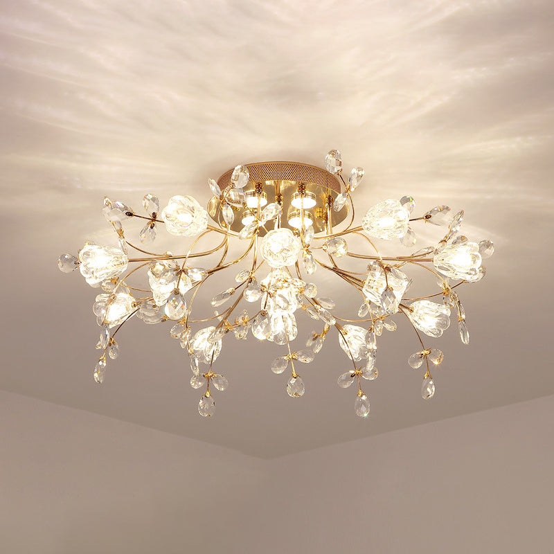 Contemporary Flower-Shaped Flush Light Crystal Flush Mount Ceiling Fixture in Gold