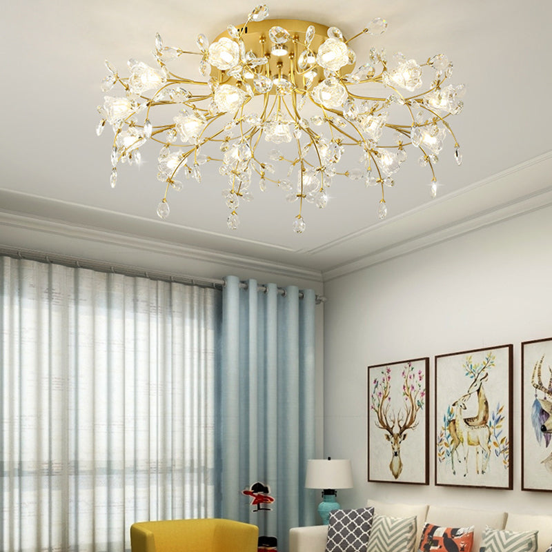 Contemporary Flower-Shaped Flush Light Crystal Flush Mount Ceiling Fixture in Gold