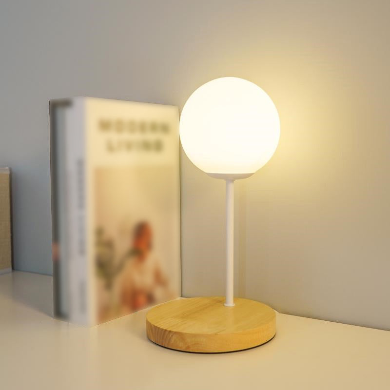 Lámpara de mesa LED Luz de escritorio de madera moderna con sombra Galss para sala de estar (el juguete no incluye)