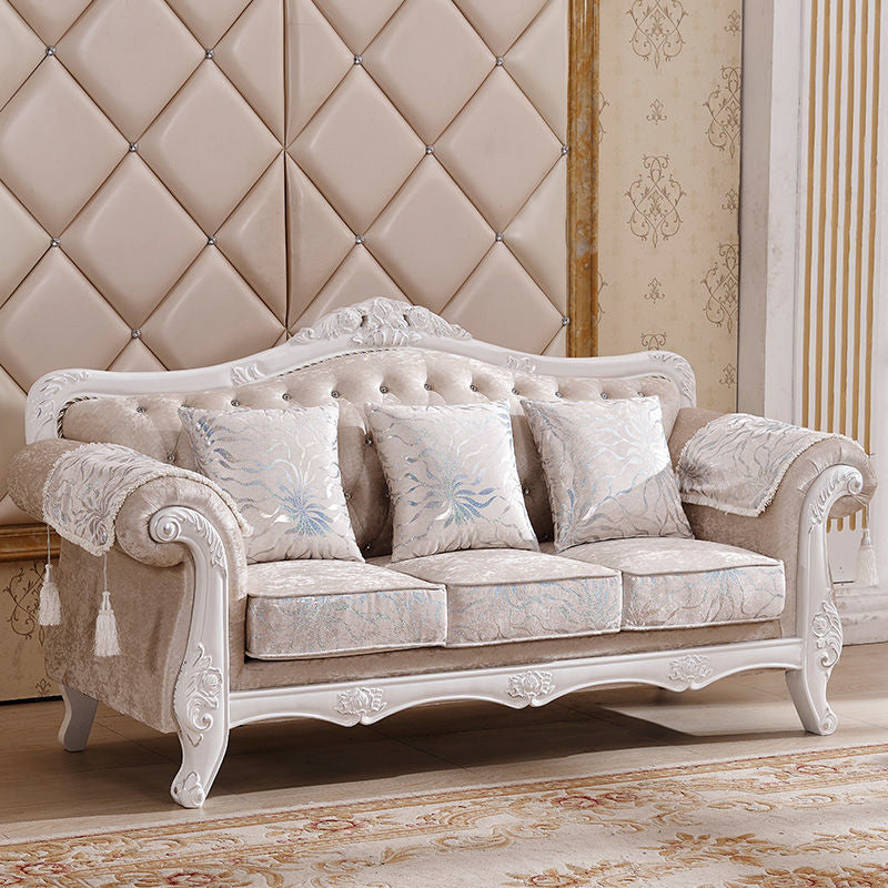 Traditional Tufted Rolled Arm Settee Slipcovered Sofa for Three People