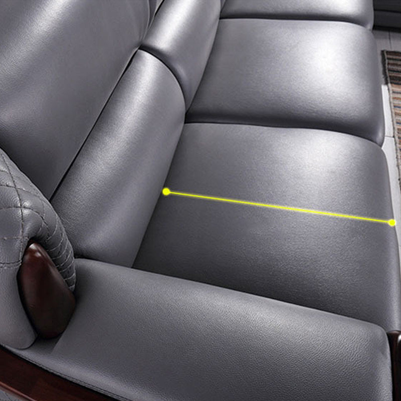 Genuine Leather Sectional Grey Cushion Back Sofa and Chaise for Living Room