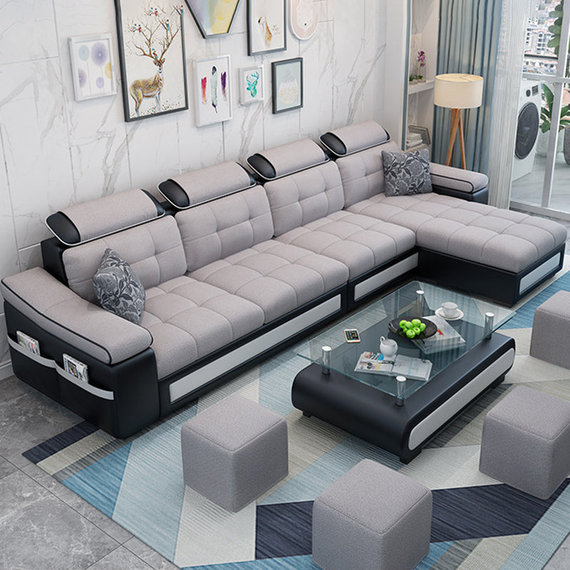 L-shape Faux Leather/Linen Blend Sectional Right Facing Sofa with Ottoman Included