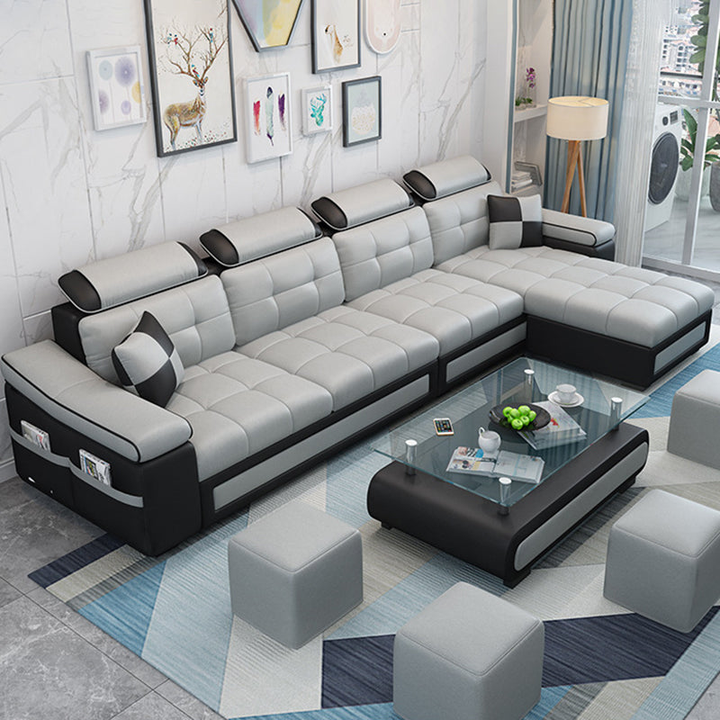L-shape Faux Leather/Linen Blend Sectional Right Facing Sofa with Ottoman Included