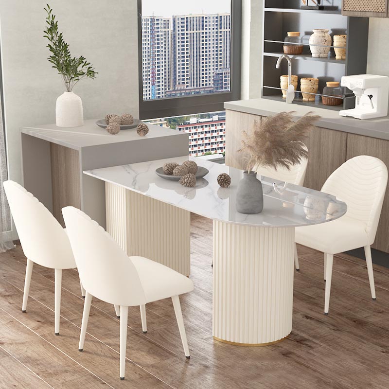 Metal Contemporary White Dining Table Marble Top Table with Double Pedestal