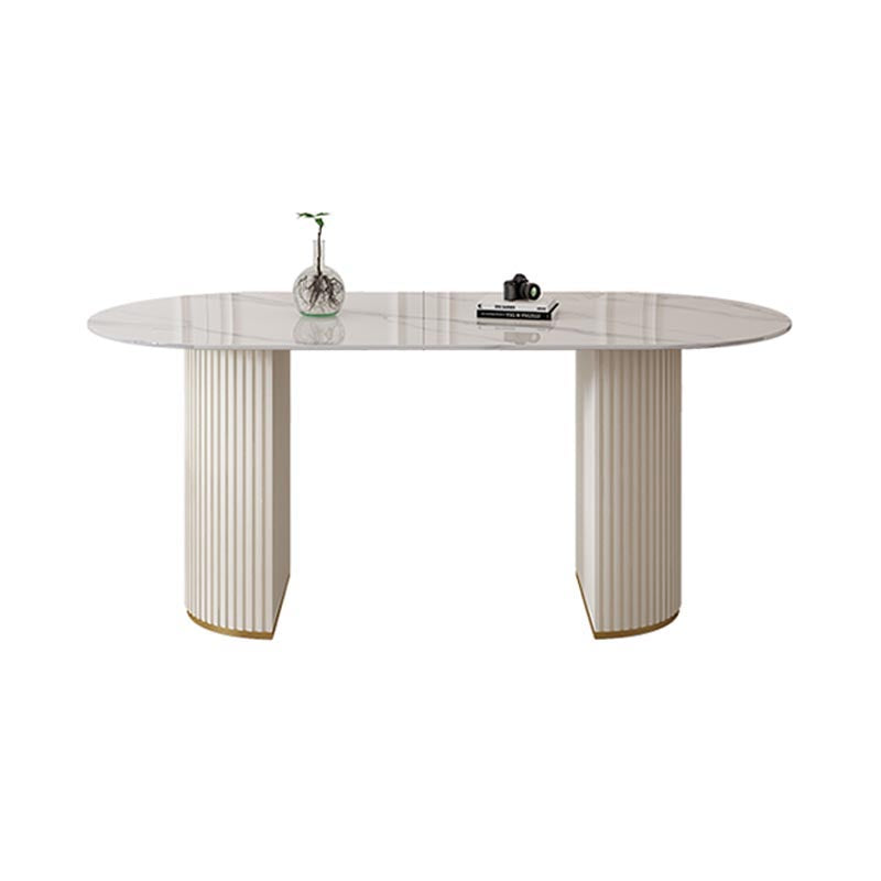 Metal Contemporary White Dining Table Marble Top Table with Double Pedestal