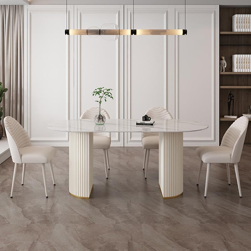 Metal Contemporary White Dining Table Marble Top Table with Double Pedestal