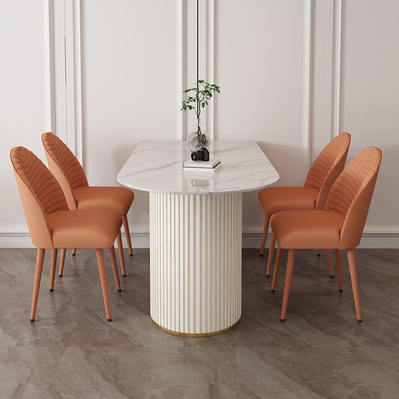 Metal Contemporary White Dining Table Marble Top Table with Double Pedestal