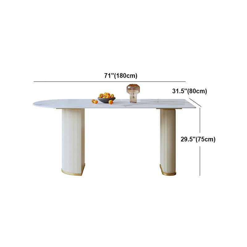 Metal Contemporary White Dining Table Marble Top Table with Double Pedestal