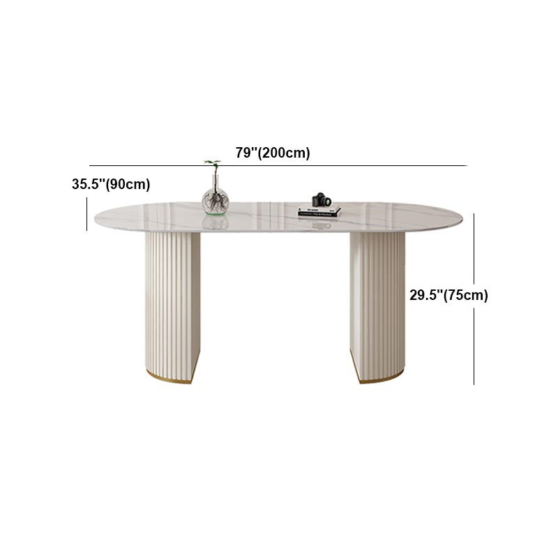 Metal Contemporary White Dining Table Marble Top Table with Double Pedestal